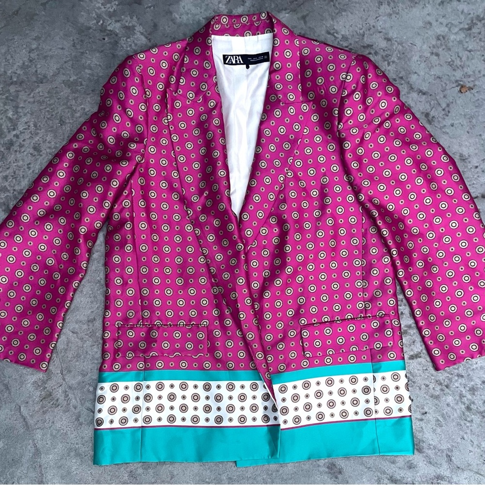 Zara Pink and Teal Patterned Blazer printed satin jacket - Picture 6 of 13